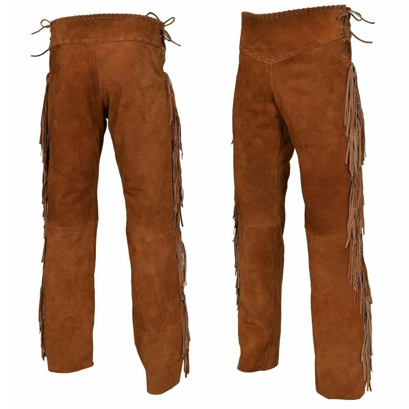 Pantalones de mezclilla de gamuza marrón con flecos para hombre nativos americanos Wild West
