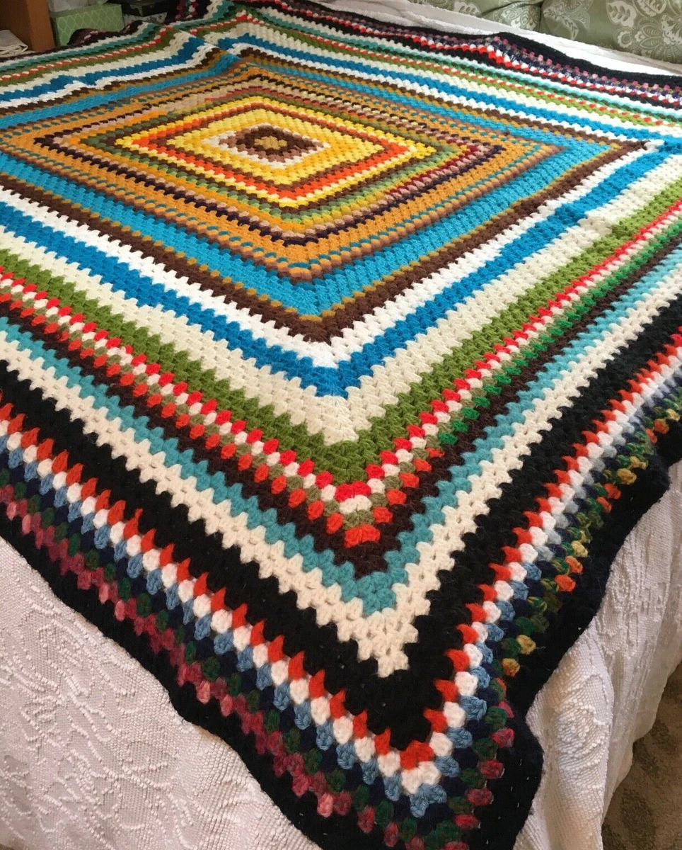 Vintage Crocheted Granny Square Blanket Throw Dense Yarn Giant Square 67 x  68