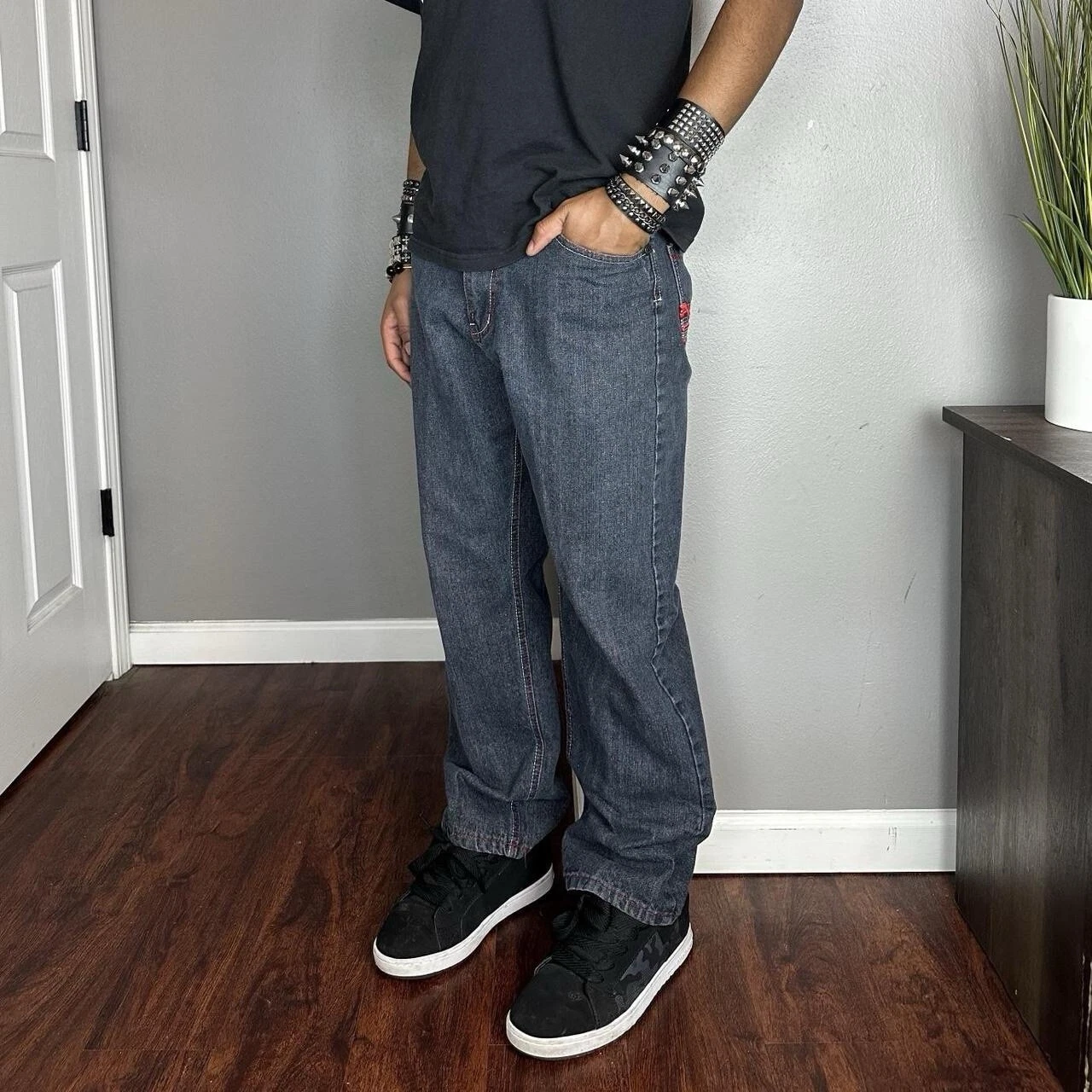 Jean Jinzu homme 32x28 bleu denim hip hop année 2000 gothique brodé skate