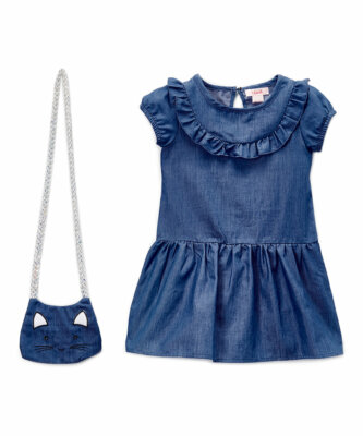 Girls Chambray Dress with Cat Purse