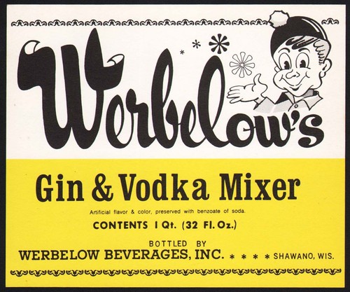 Vintage soda pop bottle label WERBELOWS GIN VODKA MIXER leprechaun Shawano Wisc - Picture 2 of 2