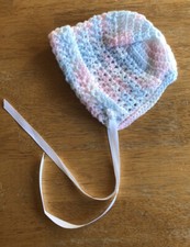 Vintage   Handmade Crochet Baby Hat Cap Bonnet Rose Accent Tie Pink Blue White