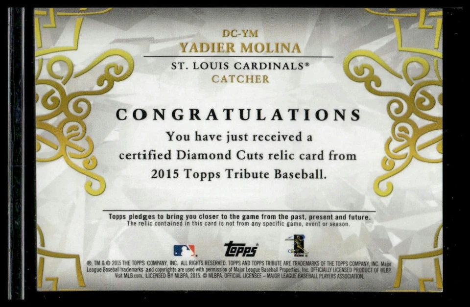 2015 Topps Tribute #DC-YM Yadier Molina Diamond Cuts Relics Orange /75 - Image 2 of 2