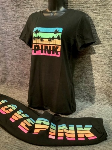 Victoria's Secret Pink Tee Shirt + Pants Set Black Rainbow Glitter Palm M L XL - Picture 8 of 12