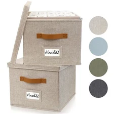 Decorative Linen File Organizer Boxes Set of 2 Collapsible Filing Crates Lids