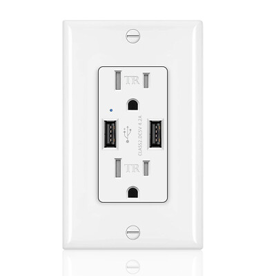 4.2A Dual USB Outlet Receptacle Charger Wall Plug Sockets TR 15A with Plate UL
