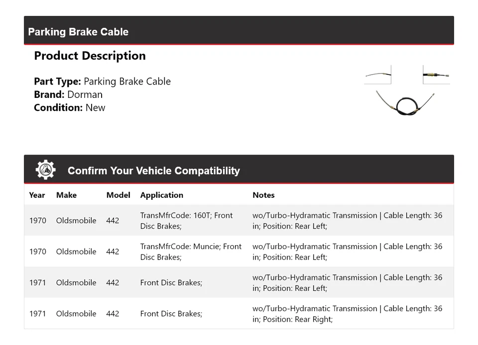 For 1970-1971 Oldsmobile 442 Dorman Parking Brake Cable - Image 2 of 4