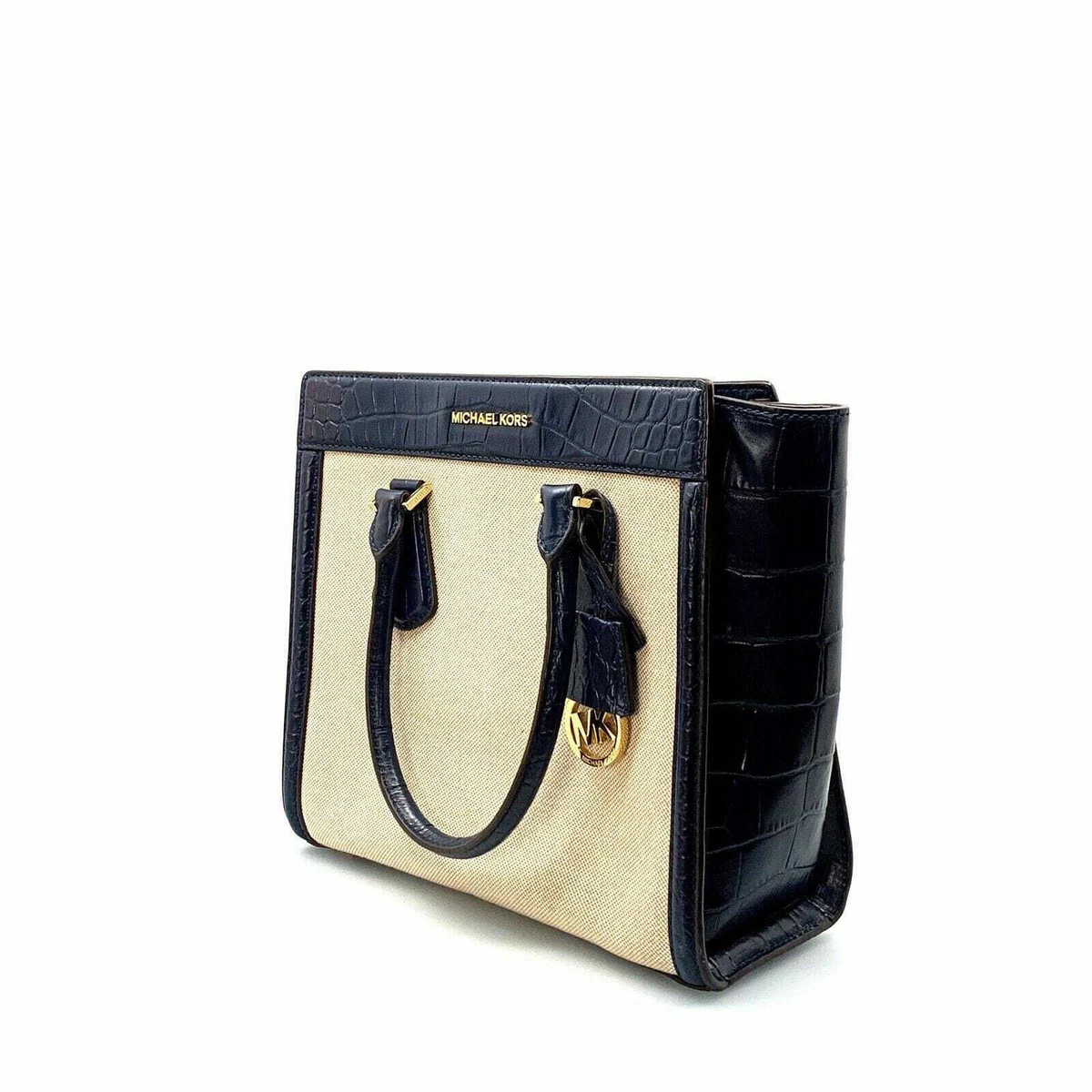 Michael Kors Colette Leather Canvas Navy Cream Tote Bag Crossbody