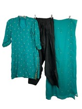 Women's Kurta Pants Dupatta Set Turquoise Blue w Metallic Silver Embroidery XS