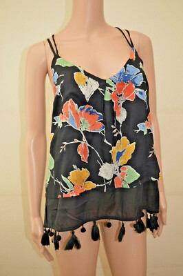 Neu Next Petite schwarz Mix Blumen Quaste Bommelsaum Top Gr UK 12