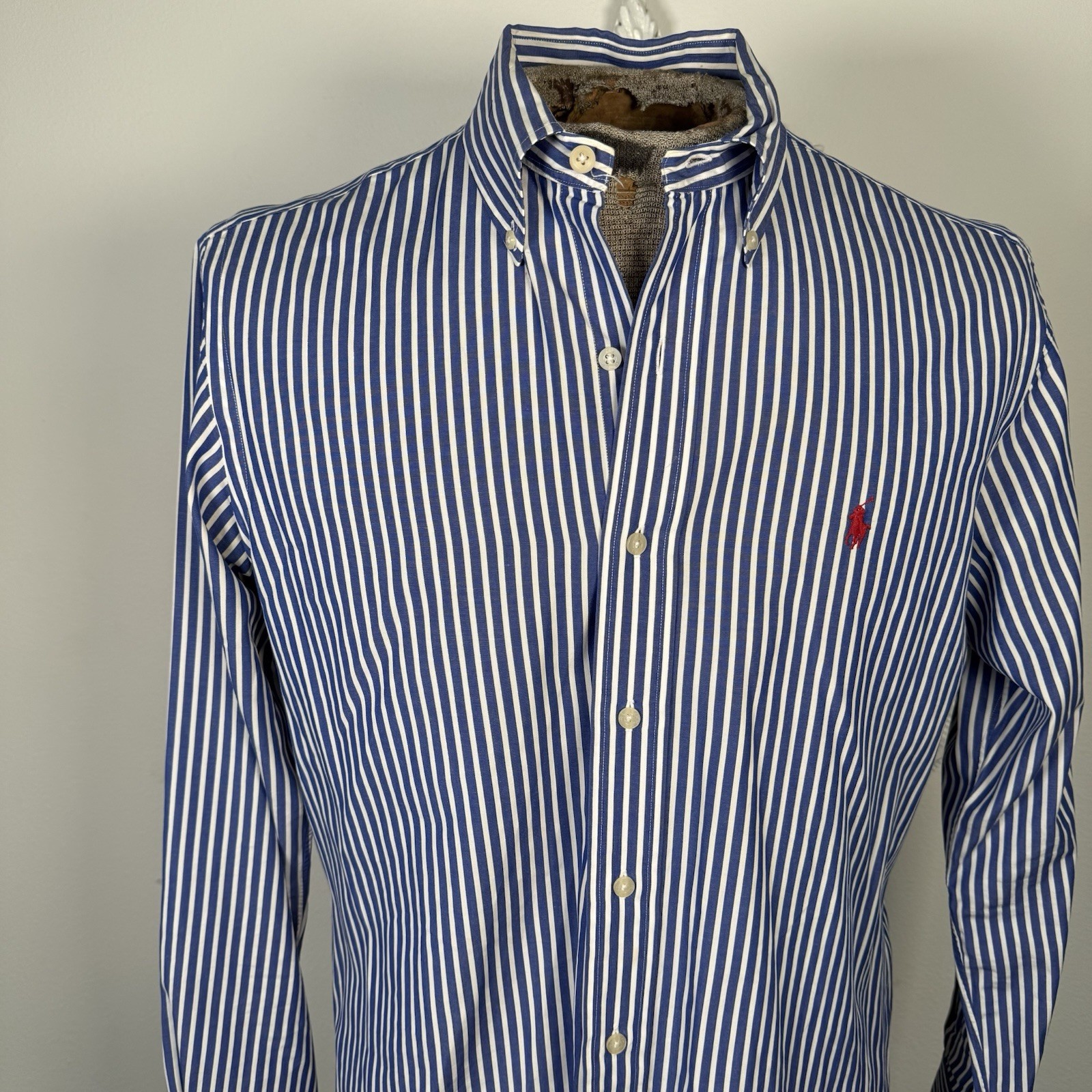 Camicia Ralph Lauren Golf con bottoni uomo blu a righe LS vestibilità personalizzata rosso pony med