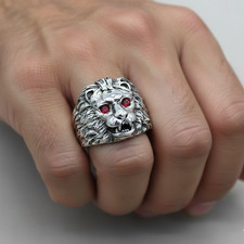Chevalière tête de lion argent 925 massif avec grenats – Bague homme & femme
