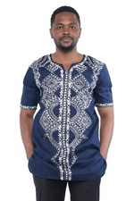 Navy African Embroidered Men's Top, Dashiki, Cotton, Sizes S 5XL, With Hats
