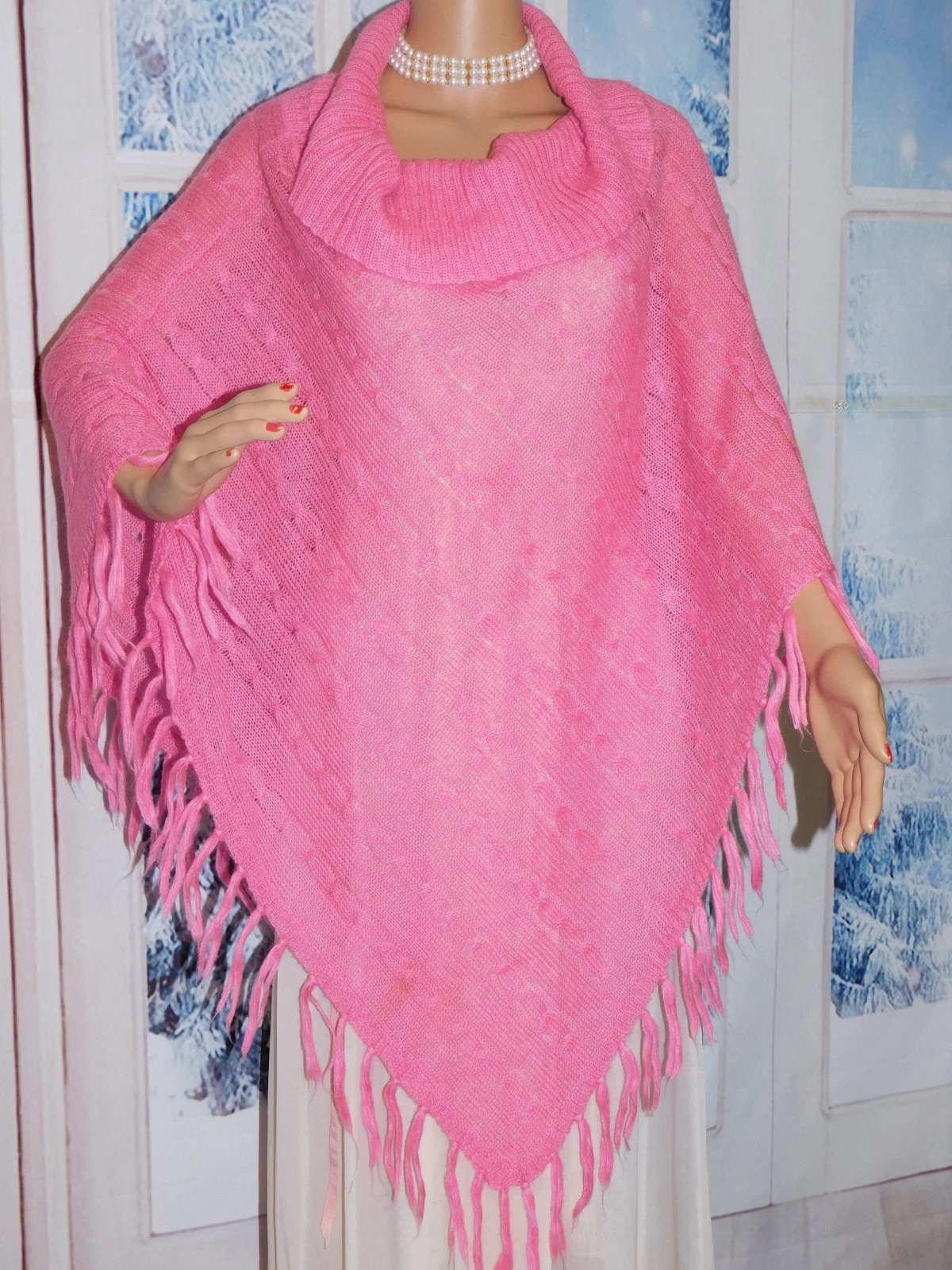 One Size Lipstick Pink Poncho with cowl neckline and fringe acrylic & mohair