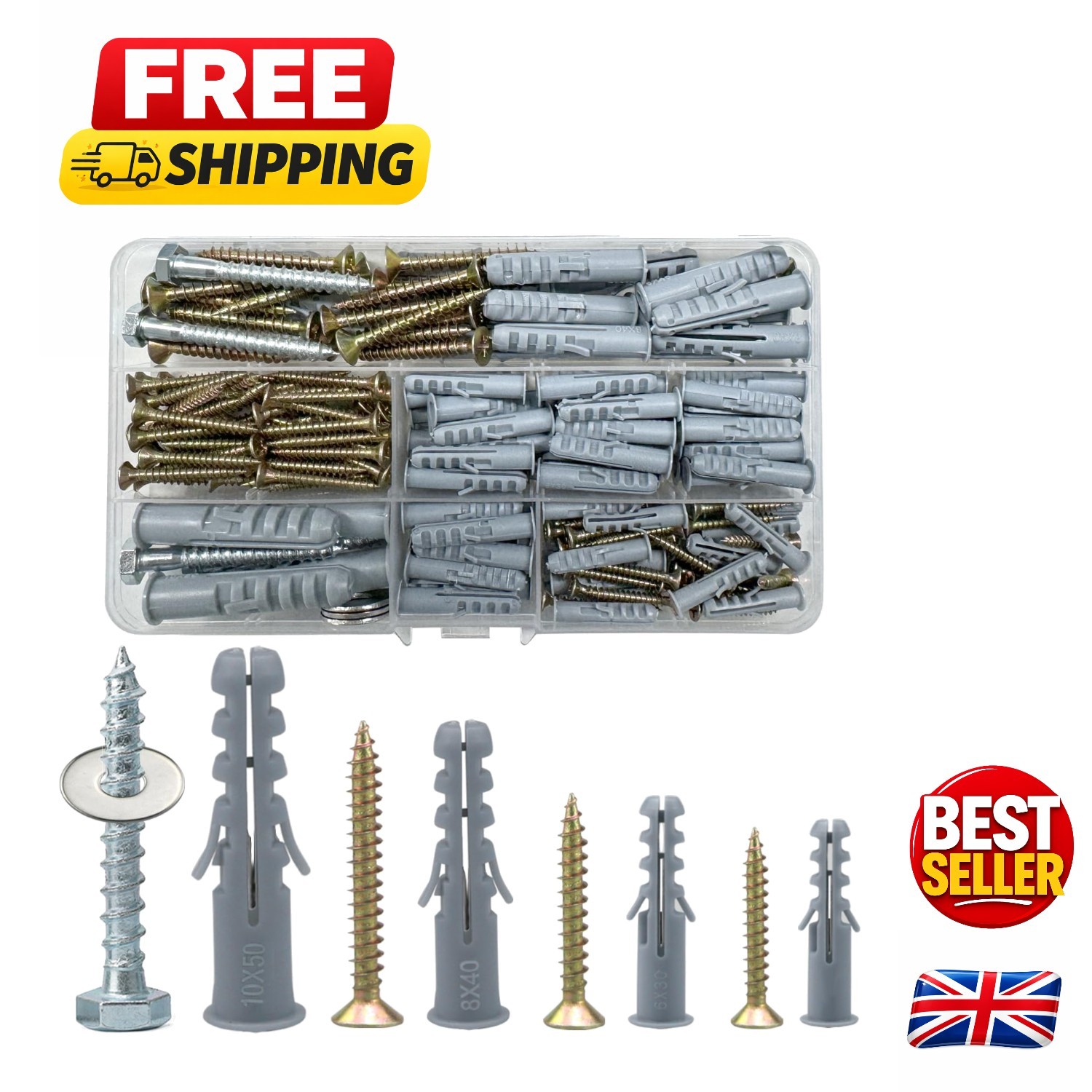 Secure Your Projects with 188-Piece Fastener Set: Screws & Rawlplugs Assorted