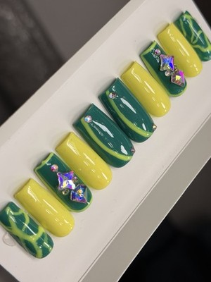   CUSTOM Hard Gel Press On Nails, GREEN YELLOW   BLING 10p FULL SET W Kit