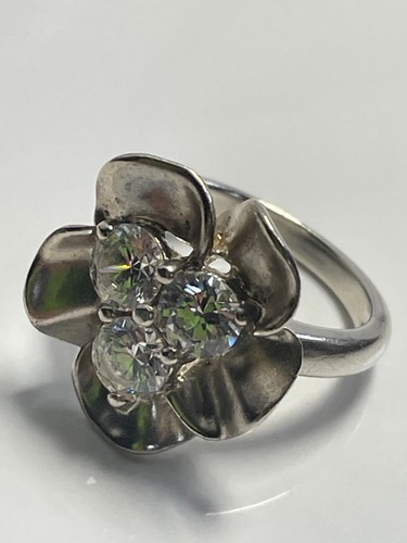 Sterling silver '925' and clear stone floral ring 4.71g band size K statement - Picture 2 of 18