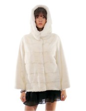 Giacche bianco ottico orizzontale 44/52 maniche pelle intera cappuccio visone...