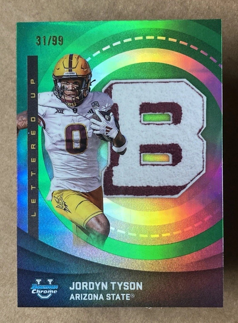 2025 Bowman Chrome U Jordyn Tyson 1st Bowman Lettered Up Green Refractor /99 ASU