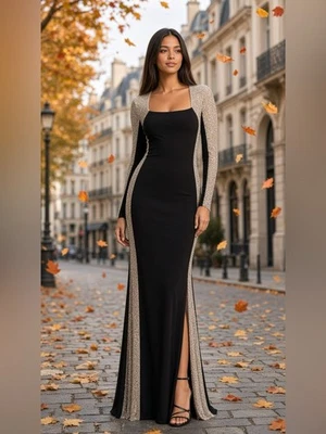XSCAPE Elegant Black Evening Gown with Champagne Accents 14 NWT - image 1 of 4