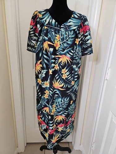 Vintage Anthony Richards Kaftan Large Black House Dress Hawaiian Print