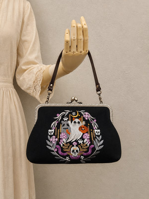 Halloween Ghost Pumpkin Embroidered Kisslock Handbag With Detachable Strap