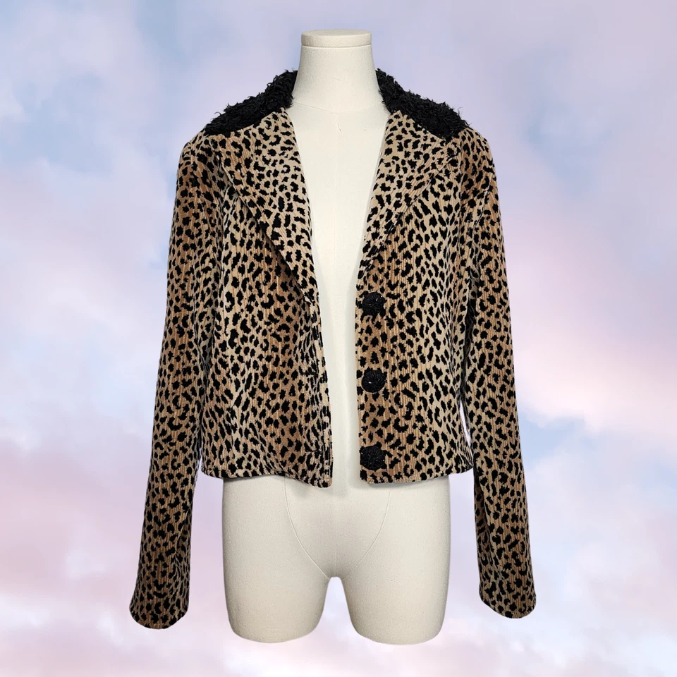 Chaqueta De Colección Años 90 Estampado Leopardo Tostado Negro Boho Western Tapiz Piel Sintética Difusa Talla M Foto 2 de 4