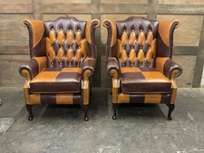Matching Set 2 Leather Patchwork Highback Chairs with Footstool