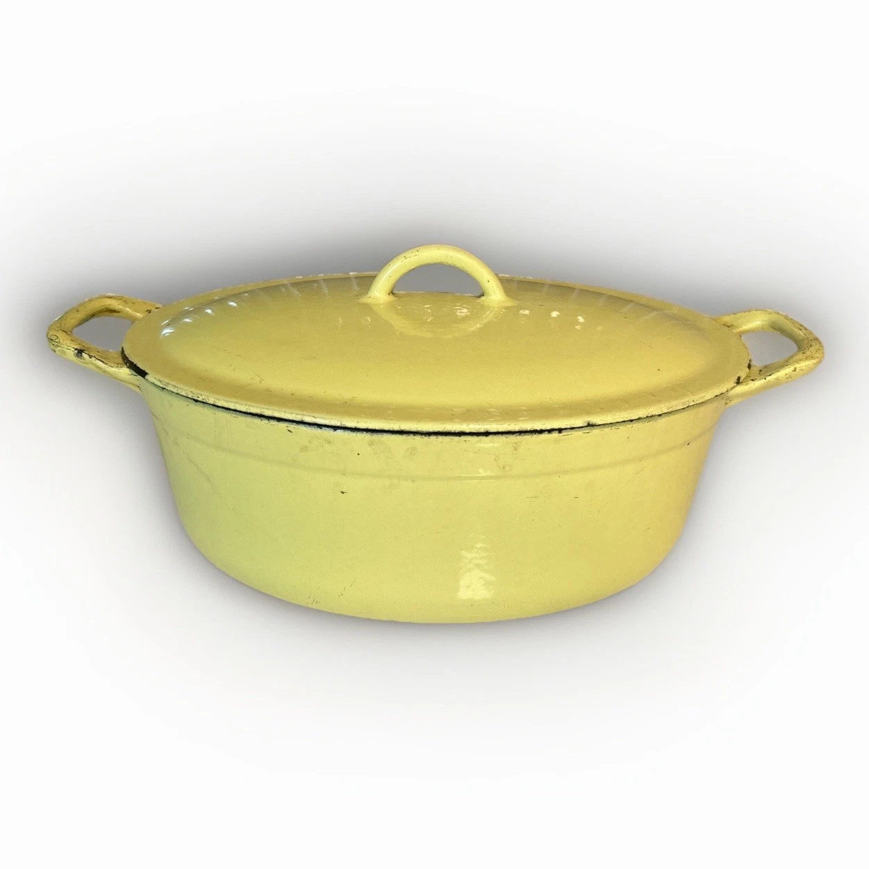 Vintage Descoware Belgium Yellow Enamel Oval Cast Iron Dutch Oven W/ Lid 3 Qt