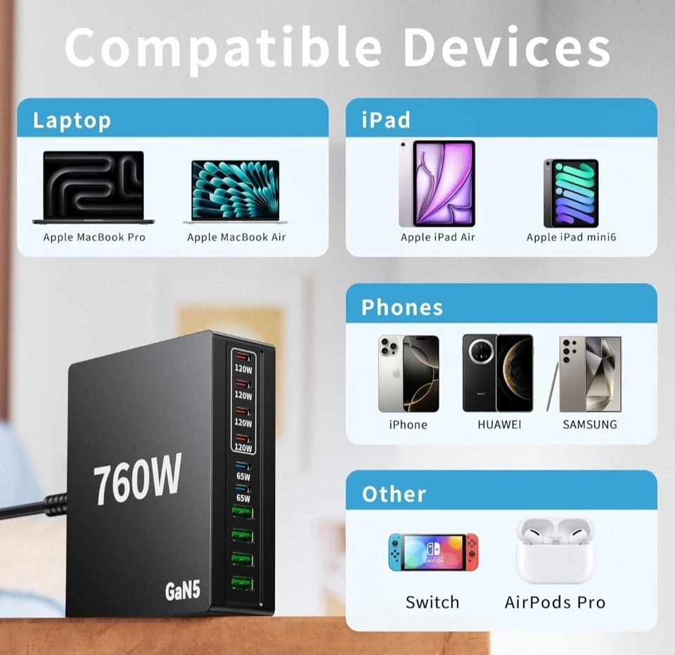 760W USB C Charger Block, 10 Port Fast Charging Station Hub Brick PD 100W Macboo - Image 4 of 4