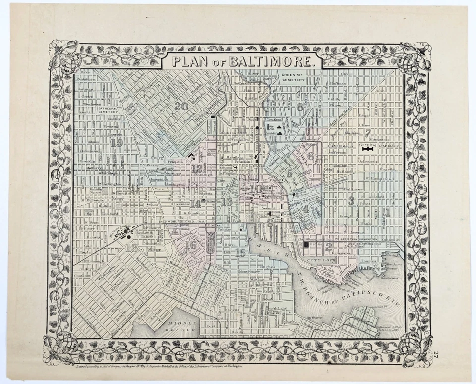 1875 Cidade de BALTIMORE - MARYLAND Mapa ORIGINAL (11X9) WARDS RAILROADS - Imagem 2 de 4