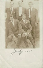 1908 Fraternity Group of 5 men in Suits RPPC postcard Gay Estate Collection