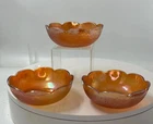 Set of 3 Vintage Carnival Dessert Glass Bowls Scallop Edge Iridescent Orange 4"