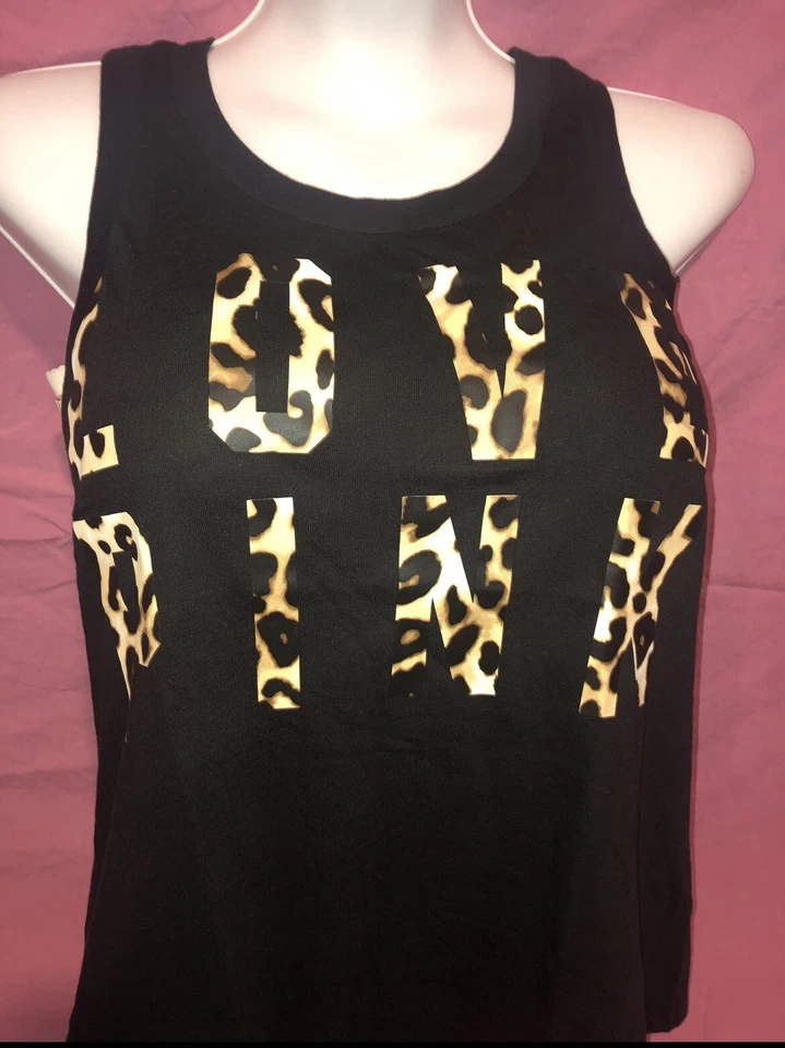 Victoria's Secret PINK Tank Top Loose Black Logo Leopard Shirt New XS Rare