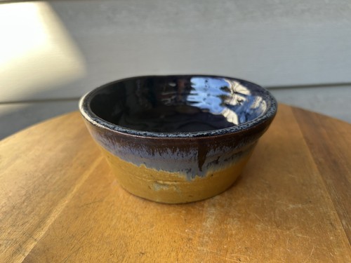 J. Tauber Pottery Dark Blue Tan Drip Round Redware Art Pottery Bowl 5.5"