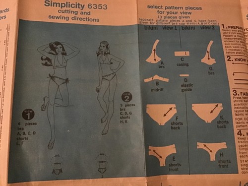 Vintage Simplicity Pattern 6353 ~ Bikini Bra Shorts ~ Size 12-14 ~ Stretch Knits - Picture 4 of 6