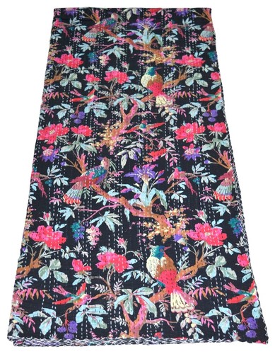 Indian Handmade Vintage Queen Bird Print Kantha Quilt Bedspread Throw Blanket - Picture 4 of 6
