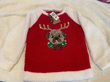 NWT Shiny Sequin Reindeer Pug Red White Christmas Sweater kids XL
