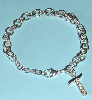 Sterling Silver Initial ''T'' Letter Charm Bracelet w/Gem Cut Crystals Lenox NEW