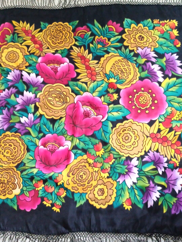 Vintage Russian Floral Black Scarf Pavlovo Posad Shawl Wrap kerchief 35x35" - Picture 10 of 12