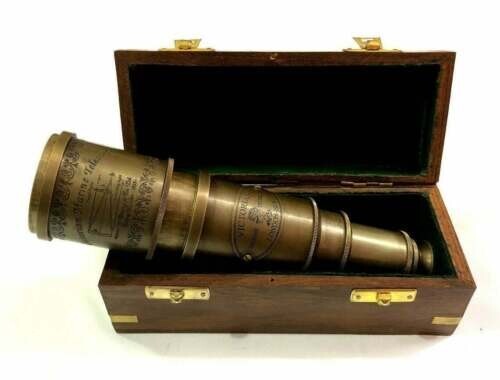 Telescopio espiral náutico de latón victoriano de 18 pulgadas con caja de madera antigua regalo - Imagen 3 de 7