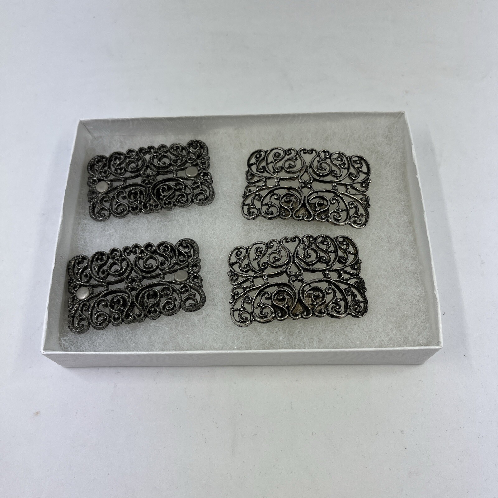 Vintage Silver Tone Ornate Shoe Clips Buckle Metal Pair Rectangle Set Of 2