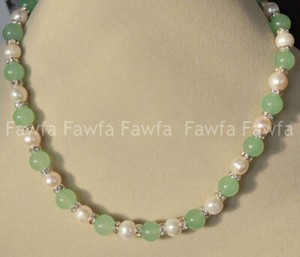 Natural 7-8MM White Akoya Pearl & Green Jade Round Gems Beads Necklace 18" Natural 7-8MM White Akoya Pearl & Green Jade Round Gems Beads Necklace 18"