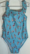 Kiko  Max Little Girl Sz 5 Swim Suit One Piece Light Blue Pink Flamingos Ruffle