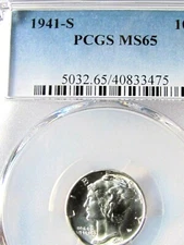1941 S MERCURY DIME PCGS MS65 VERY FLASHY WHITE
