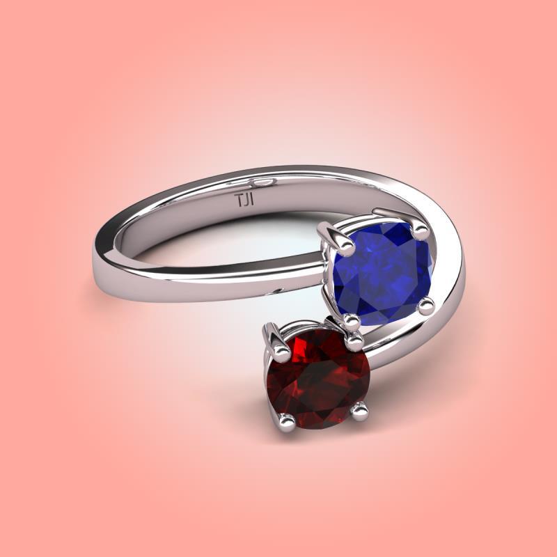 Lab Created Blue Sapphire & Red Garnet Promise Ring 14K Gold JP