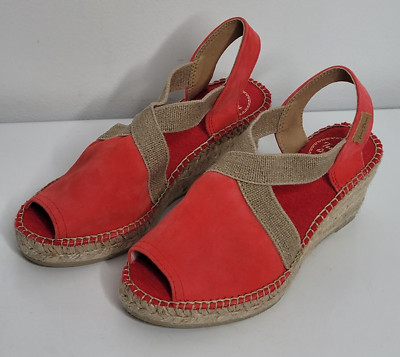 Toni Pons Origens Sandals US 5 Red Suede Tan Trim Wedge Espadrilles EU 35