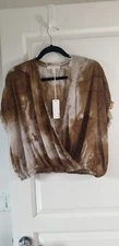 Grade & Gather Top Brown Medium Wrap Short Sleeve Fringe Boho Tie Dye Beach