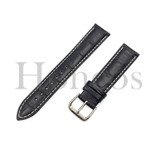 12-24 MM Mens Crocodile Grain Embossed Padded Leather Watch Band Strap Black/WHT