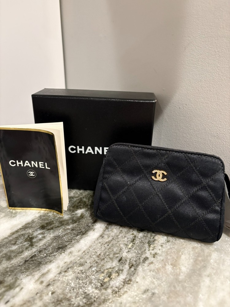 1990s Vintage CHANEL Quilted Satin Mini Pouch Bag Black, 4.75 x 3.25 x 1.5 inch